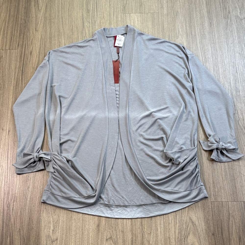Neiman Marcus Gray Open Front Cardigan with Tie Sleeves